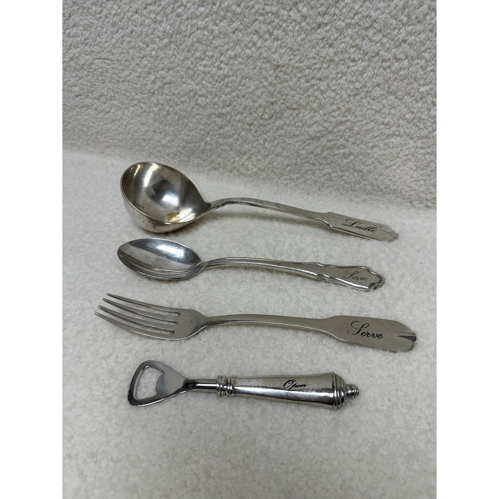 Serving Utensils Set of 4 Silver Tone Engraved Ladle Spoon Fork Bottle Opener